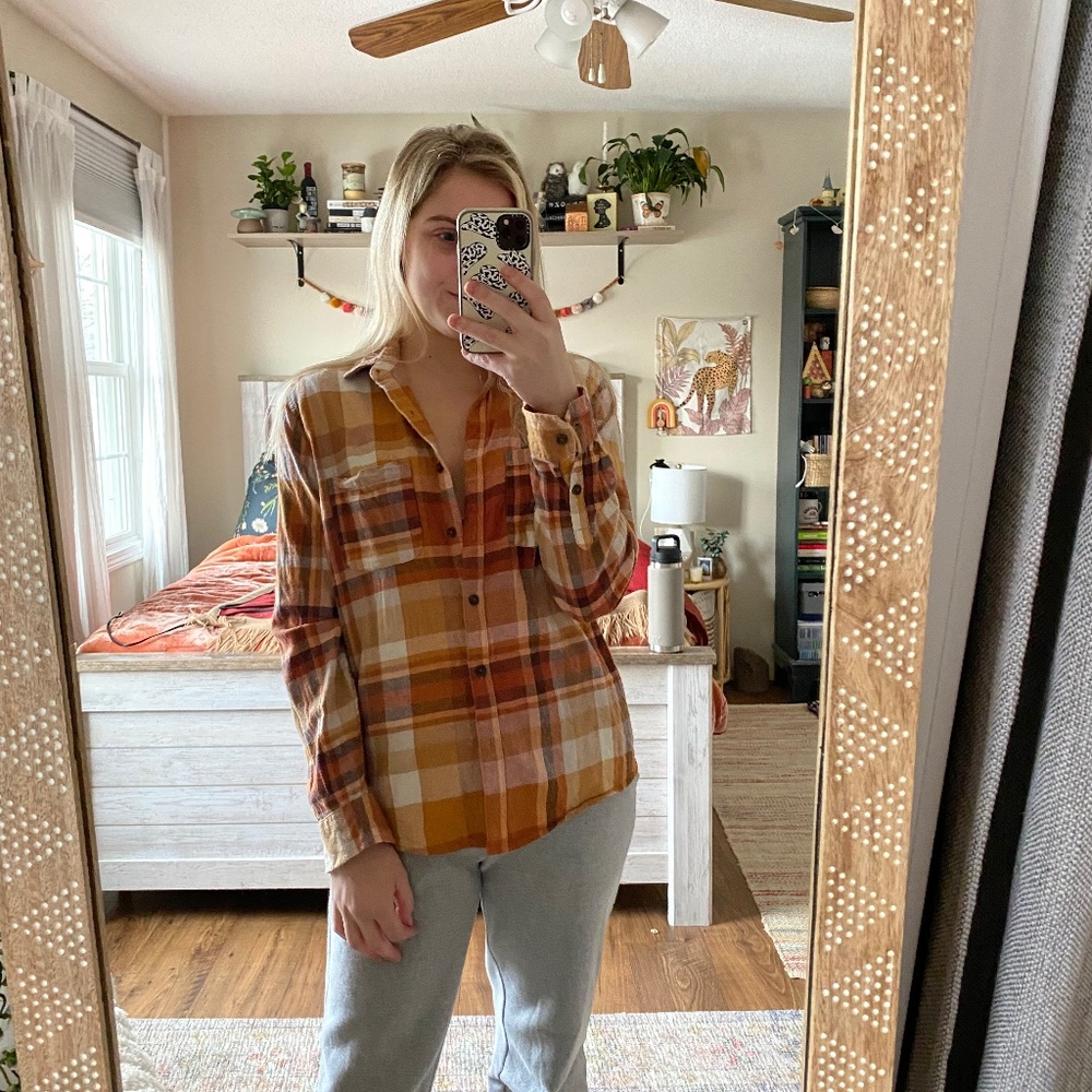 Universal Thread Orange Plaid Button Up Long Slee… - image 3